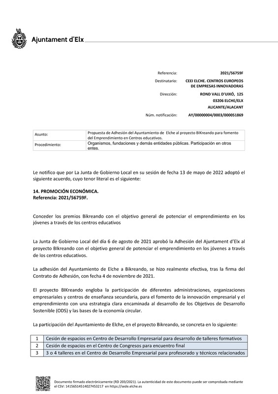 Acuerdo de adhesin del Ayuntamiento de Elche al proyecto BIKreando 2022